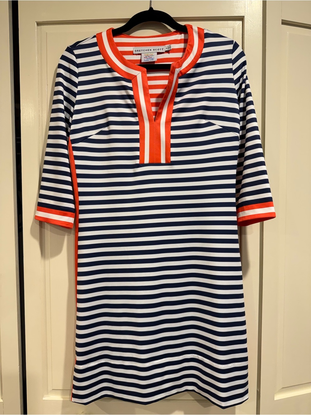 Gretchen Scott Designs Navy and White Striped Midi Dress with Coral Trim